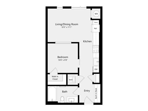 Floor plan for 1 bed, 1 bath, 576 sqft